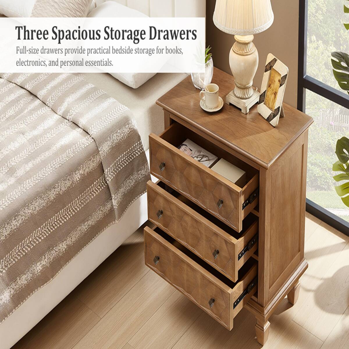 Three Spacious Storage Drawers  
Full-size drawers provide practical bedside storage for books, electronics, and personal essentials.