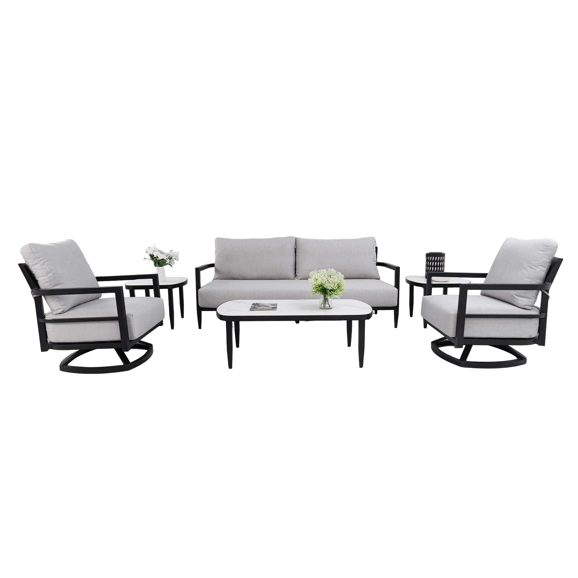 Mondawe - 6-Piece Outdoor Conversation Set with Swivel Chair, Bench Sofa, Marble-Inspired Tables and Sunbrella Cushions - Ember Black+Grey