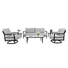 Mondawe - 6-Piece Outdoor Conversation Set with Swivel Chair, Bench Sofa, Marble-Inspired Tables and Sunbrella Cushions - Ember Black+Grey