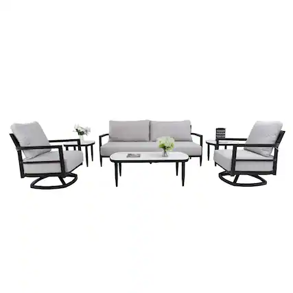 Front. Mondawe - 6-Piece Outdoor Conversation Set with Swivel Chair, Bench Sofa, Marble-Inspired Tables and Sunbrella Cushions - Ember Black+Grey.