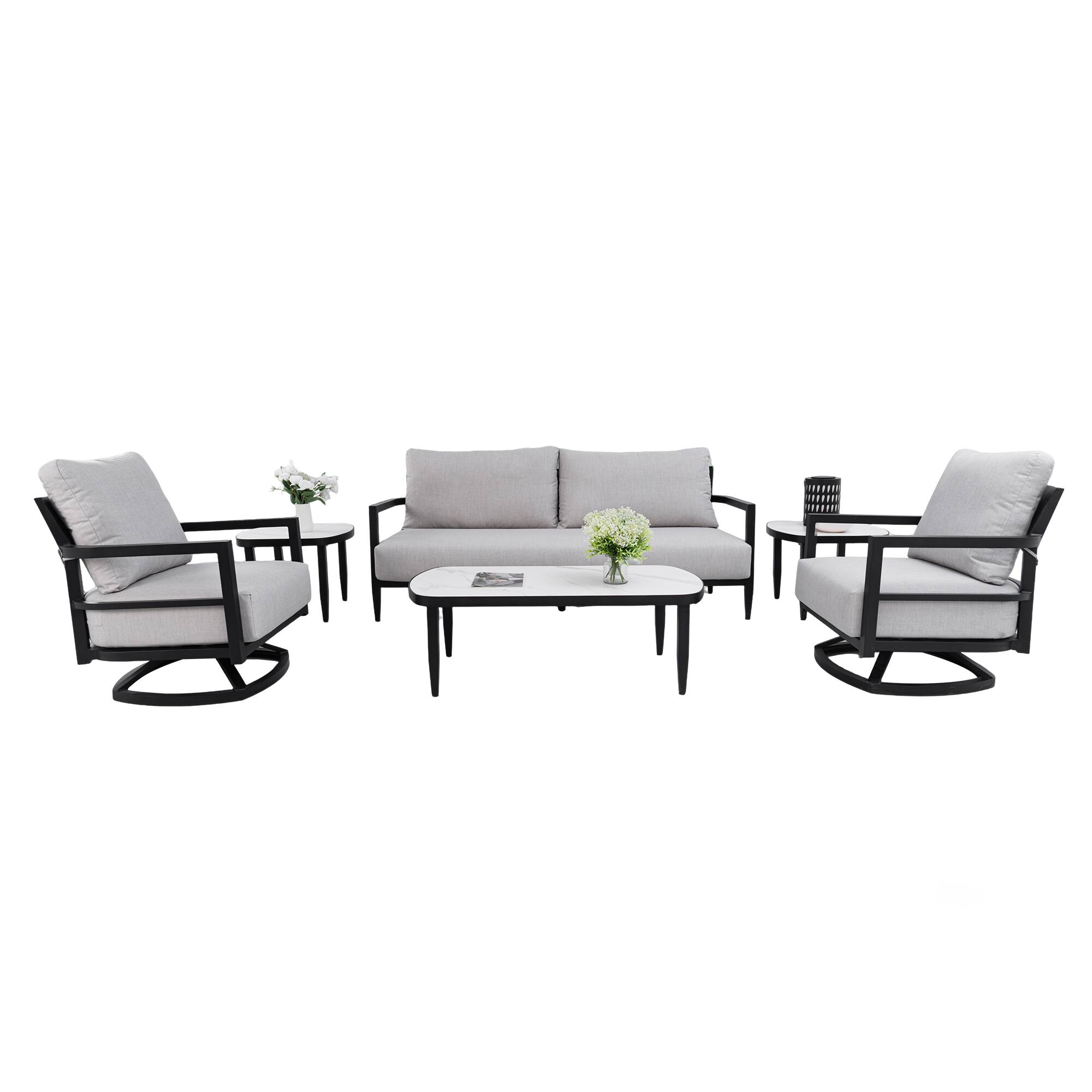 Front. Mondawe - 6-Piece Outdoor Conversation Set with Swivel Chair, Bench Sofa, Marble-Inspired Tables and Sunbrella Cushions - Ember Black+Grey.