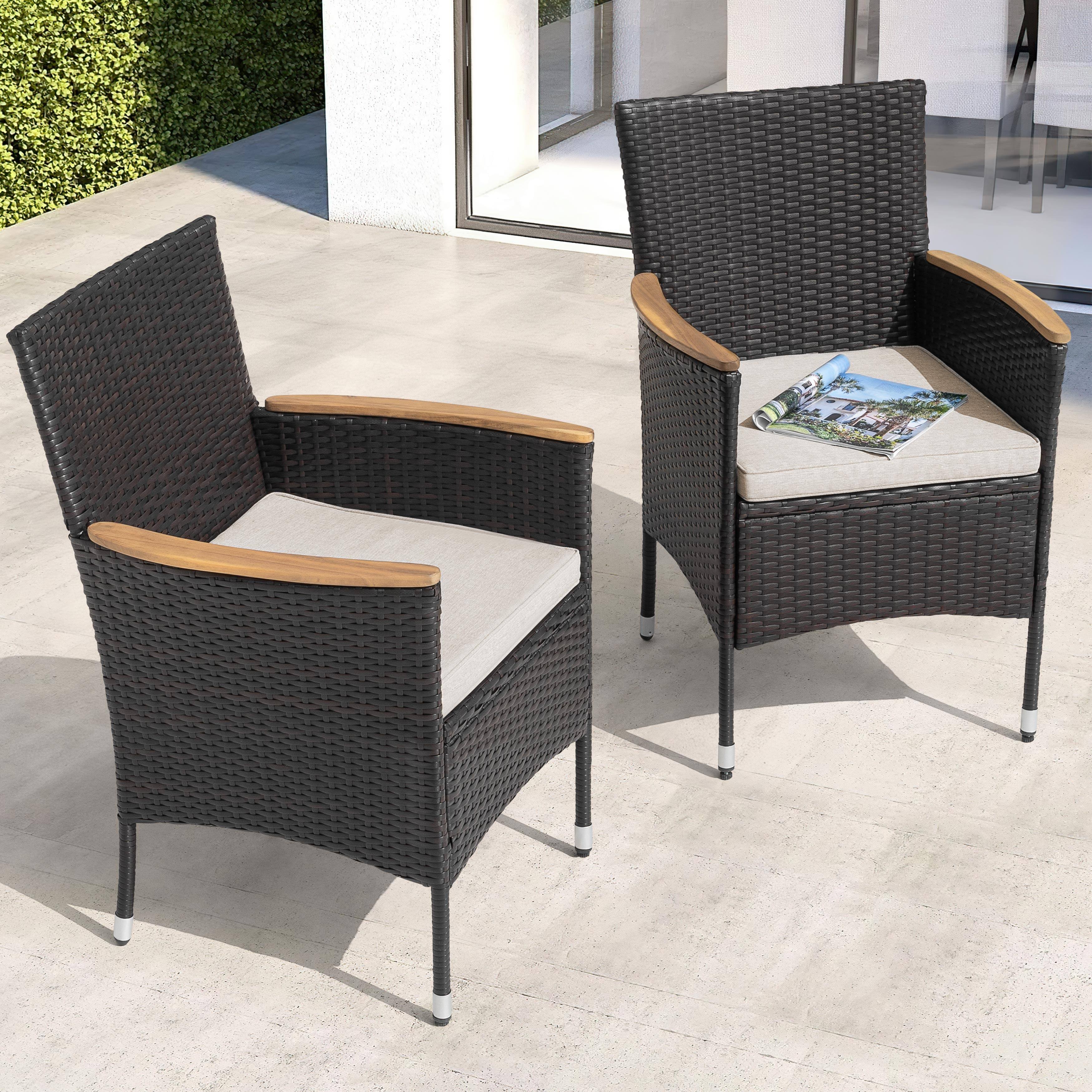 Angle. Nuu Garden - Patio Dining Chairs Set of 2 with Cushions, High Back, Wide Seat, Handwoven Wicker, Acacia Wood Armrests - Black and Beige.