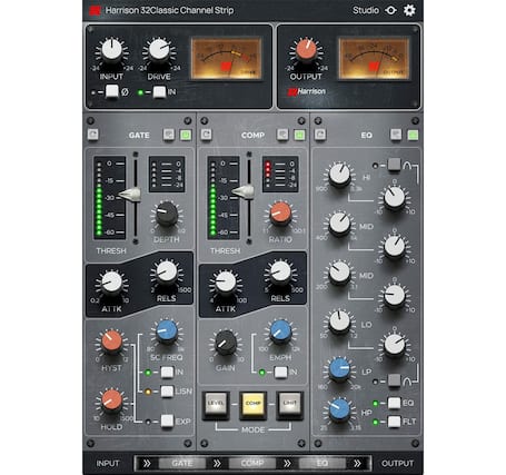 Harrison 32Classic Channel Strip
INPUT DRIVE
-24 +24 -24 +24
OUTPUT
48 24 36 12 -6 O 1
GATE COMP EQ
-15 -30 O -4 -8 -24 D -15 -30 a 4 -8 24 900 HI 8.3k o -45 -45 -10 +10 -60 THRESH C 60 DEPTH -60 THRESH 1:1 100:1 RATIO 400 MID 6k -10 O +10 0.2 O ATTK 2 500 RELS 4 100 ATTK 5 500 RELS 200 MID 3.1 10 O +10 50 LO 12 o O 12 HYST BO Sik SC FREQ IN O 30 GAIN 100 12k EMPH IN 10 LP +10 TO 1500 HOLD LISN EXP LEVEL COMP MODE LIMIT 160 25