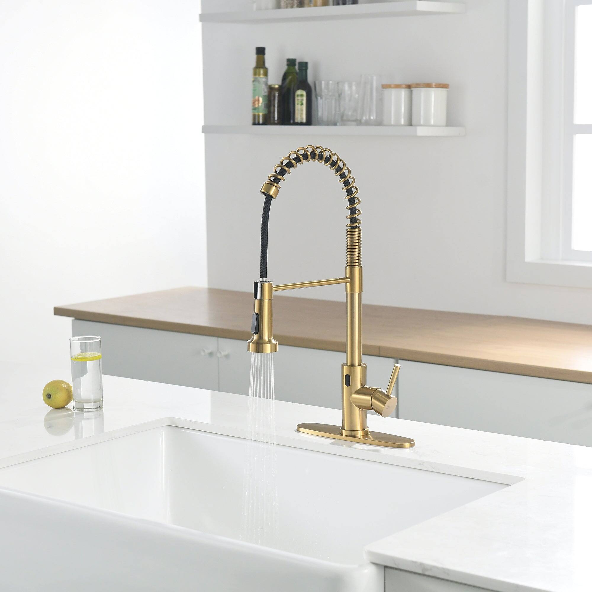 Alt View 4. Boyel Living - Brushed Gold 2 Spray Patterns Single Handle Touchless Pull Down Kitchen Faucet with Deckplate Included - Brushed Gold.