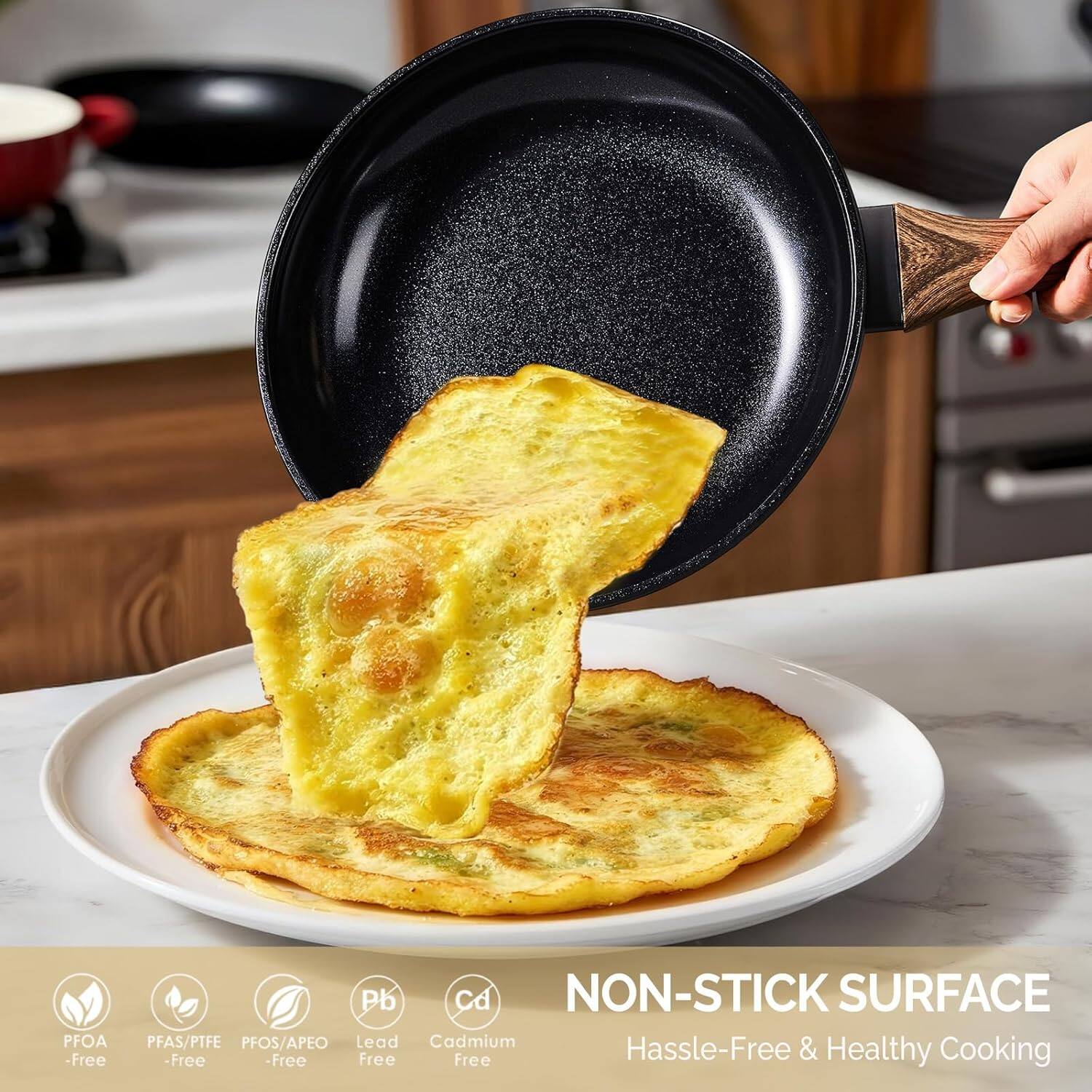 PFOA-Free  
PFAS/PTFE-Free  
PFOS/APEO-Free  
Lead-Free  
Cadmium-Free  

NON-STICK SURFACE  
Hassle-Free & Healthy Cooking