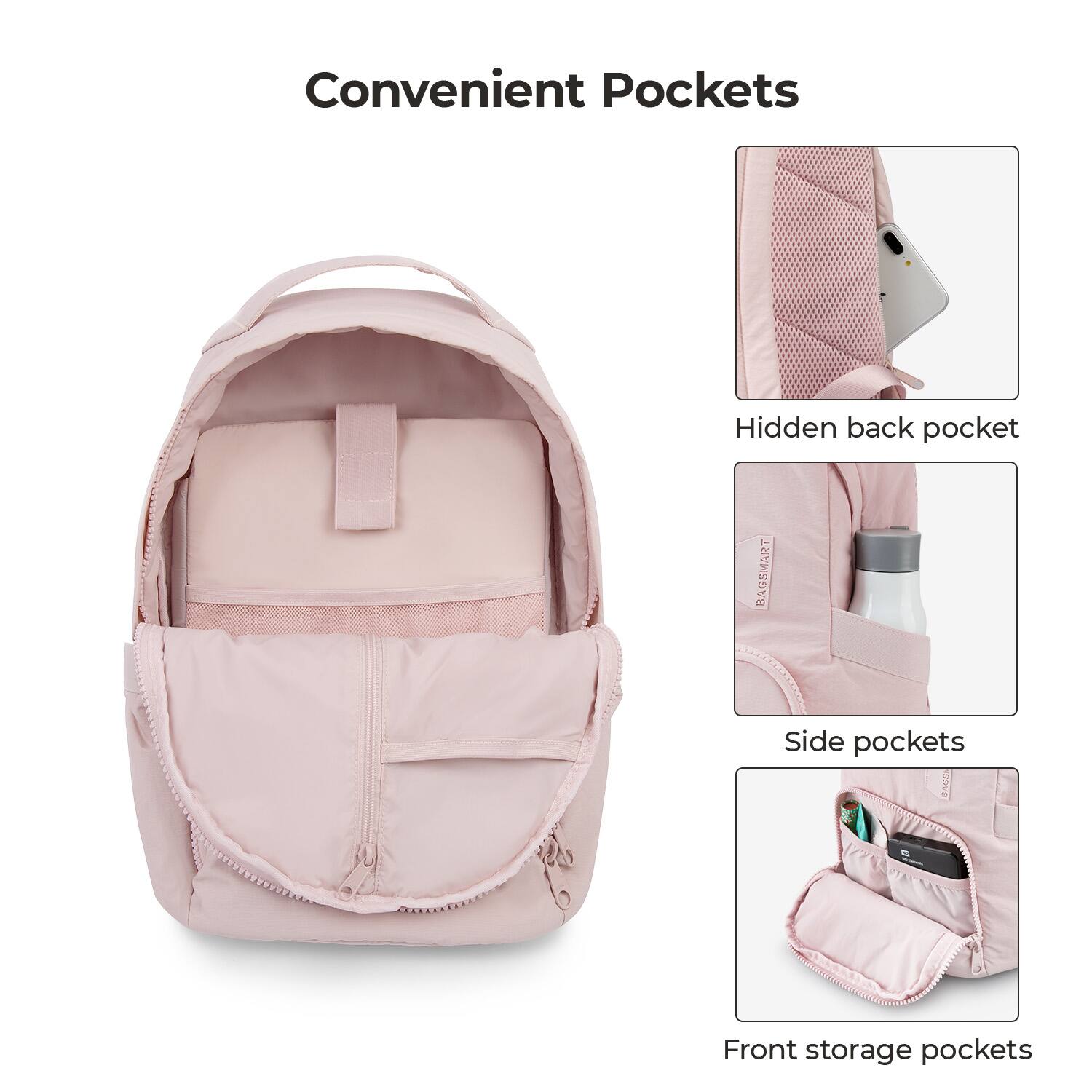 Convenient Pockets

Hidden back pocket

Side pockets

Front storage pockets