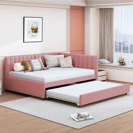 Tiramisubest - Full Size Upholstered Daybed with Trundle Sofa Bed Frame No Box Spring Needed, Linen Fabric(Pink) - Pink