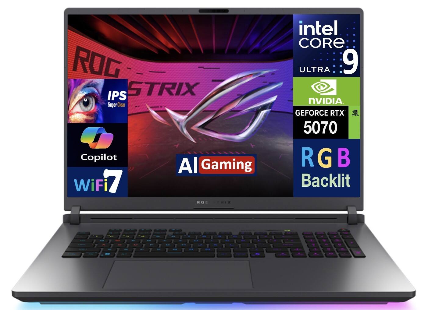 ROG IPS STRIX Super Clear Copilot AI Gaming WiFi 77 ROD RIX intel CORE ULTRA 9 NVIDIA GEFORCE RTX 5070 RGB Backlit