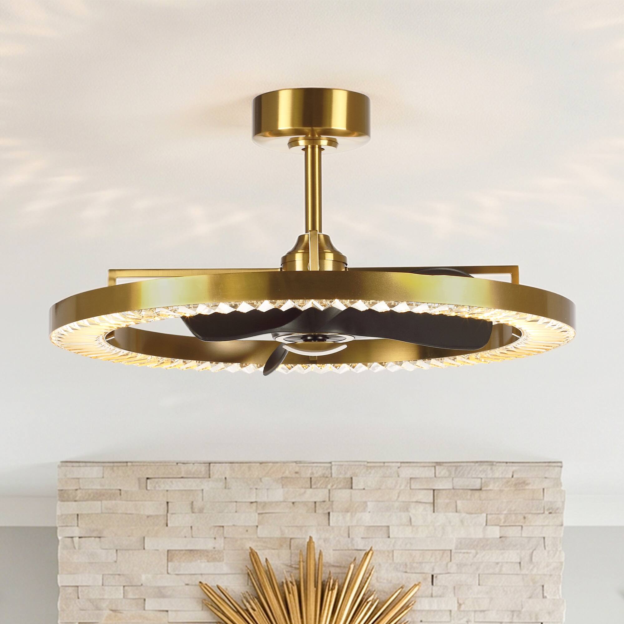 Alt View 1. Parrot Uncle - 32 Inch Gold Crystal LED  DC Motor Dimmable Ceiling Fan Caged Chandelier Bladeless Fan with Remote and 6 Speeds - Gold.