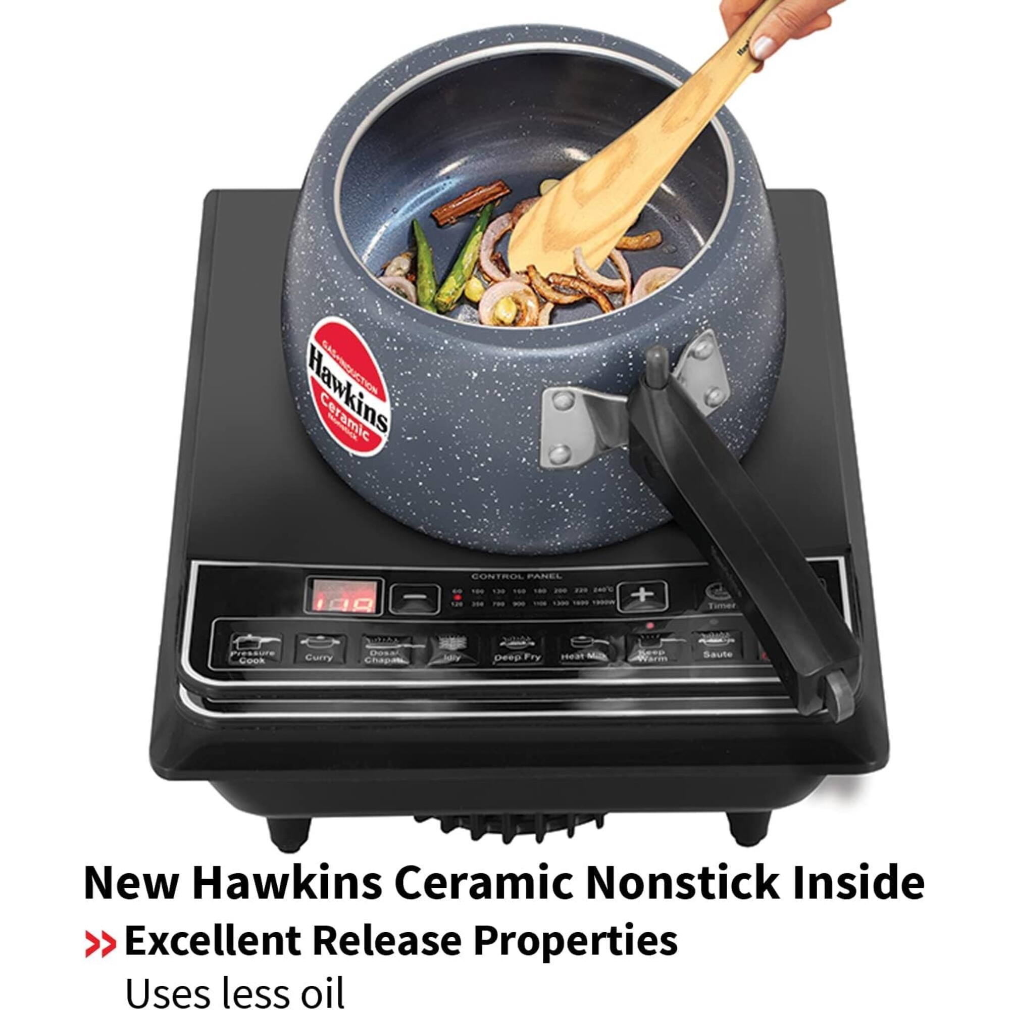 Hawkins Ceramic  
CONTROL PANEL 100 130 100 100 NO 220 200C K20 HM new  
+  
Timer  
Pressure Cook  
Curry  
QUAL Dosa Chapan  
Deep Fry  
Heat  
Keep  
Saute  
New Hawkins Ceramic Nonstick Inside  
Excellent Release Properties  
Uses less oil