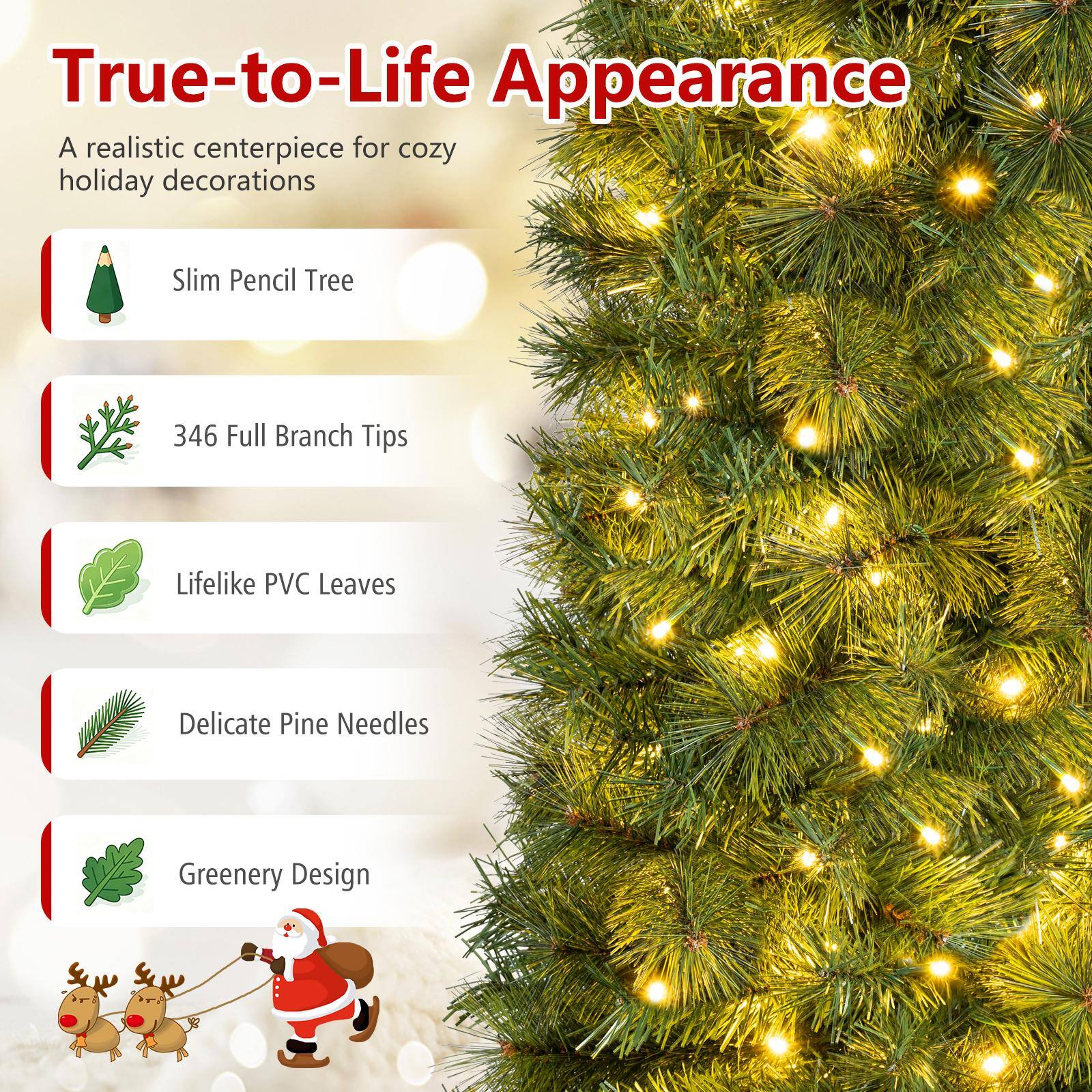 Costway 6 FT Slim Pencil Christmas Tree with 346 Full Branch Tips 150 ...