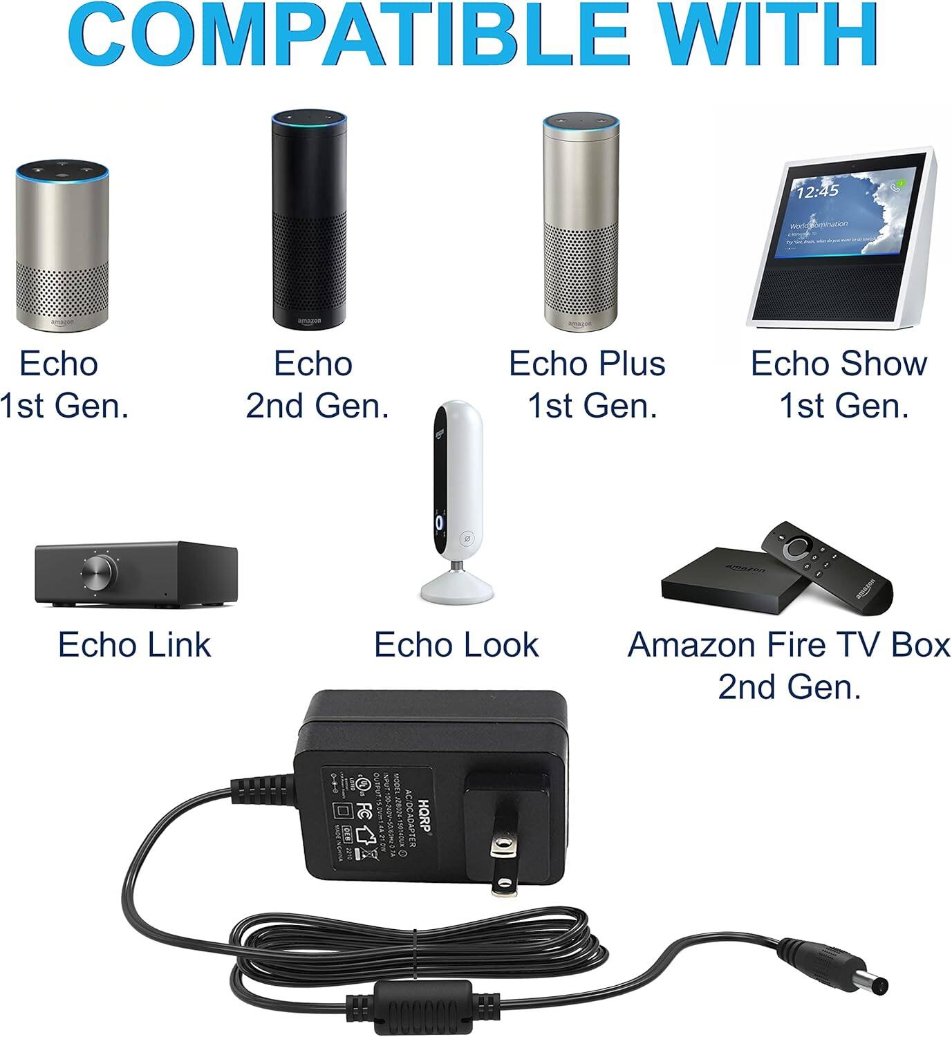 HQRP 15V Charger for Amazon Echo 1st & 2nd Generation, Amazon Fire