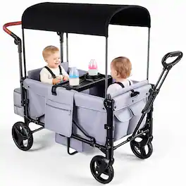 Wisairt - 2-Seater Wagon Stroller for Kids, Foldable Stroller Wagon with Canopy, 5-Point Harness, Push & Pull Handle - Gray