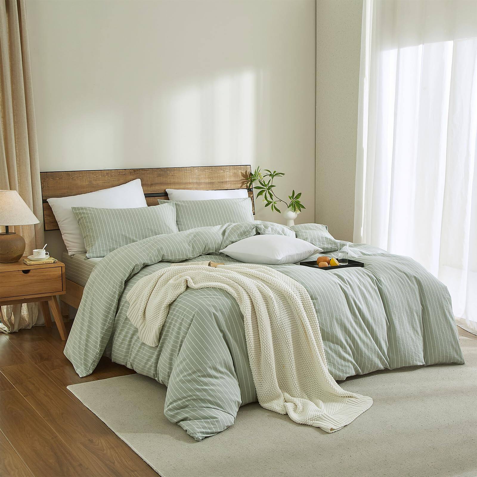 Back. PO3TICJUNKI3 - Striped Duvet Cover Set Washed Cotton Linen Feel Wrinkle Comfy Lightweight Bedding full Wide Stripe - Wide Stripe-white/Green-Full(80" x 90").