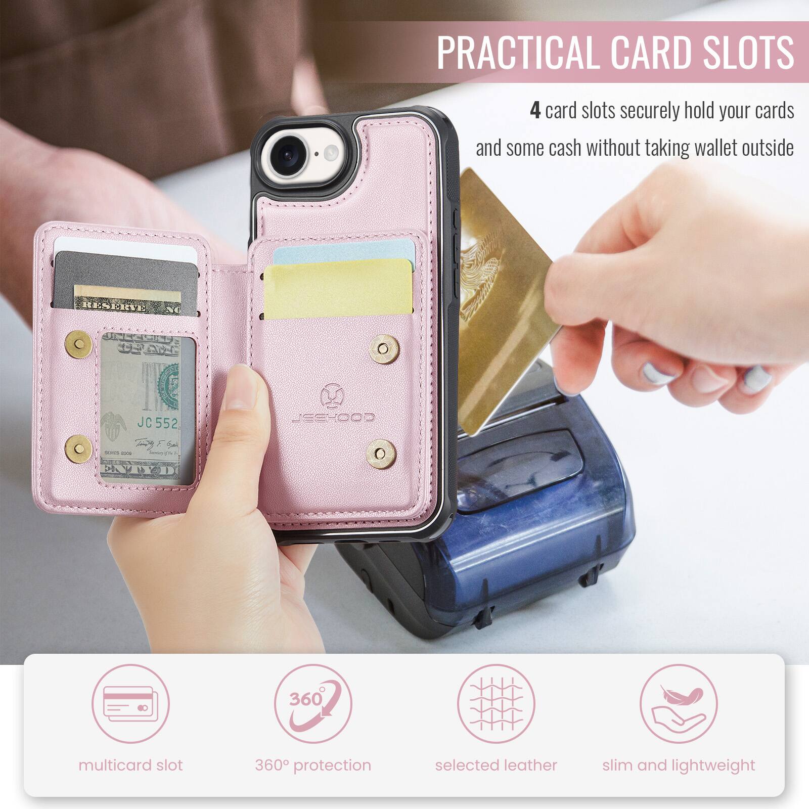 PRACTICAL CARD SLOTS

4 card slots securely hold your cards and some cash without taking wallet outside

COEC JC 552

COOHEEL EYED

360 multicard slot

360° protection

selected leather

slim and lightweight