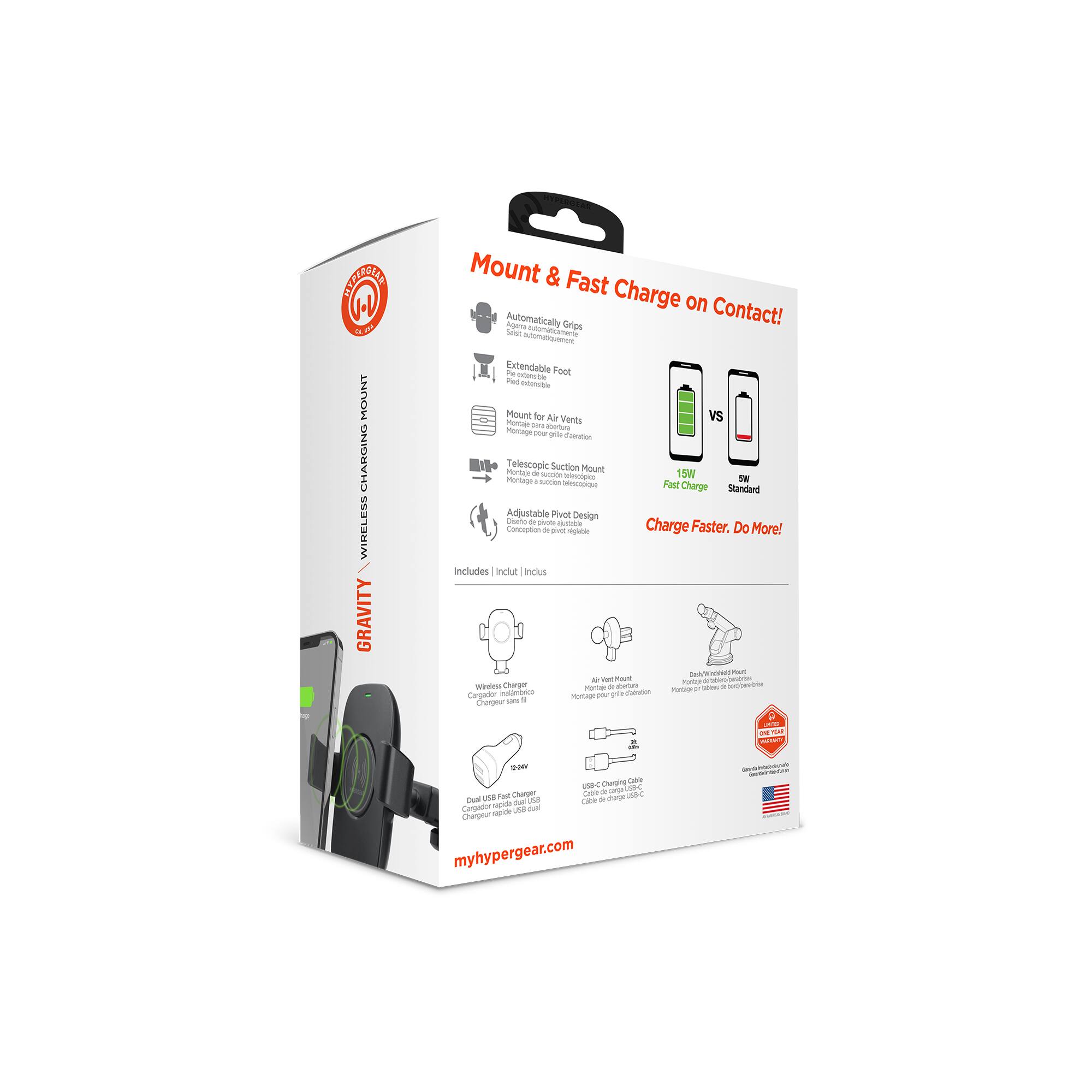 GRAVITY WIRELESS CHARGING MOUNT

Mount & Fast Charge on Contact! Automatically Grips

- Extendable Phone Foot
- Mount for Air Vents
- Telescopic Suction Mount
- Adjustable Pivot Design

Charge Faster. Do More!

Includes:
- Wireless Charger
- Dual USB Fast Charger
- USB C Charging Cable

myhypergear.com