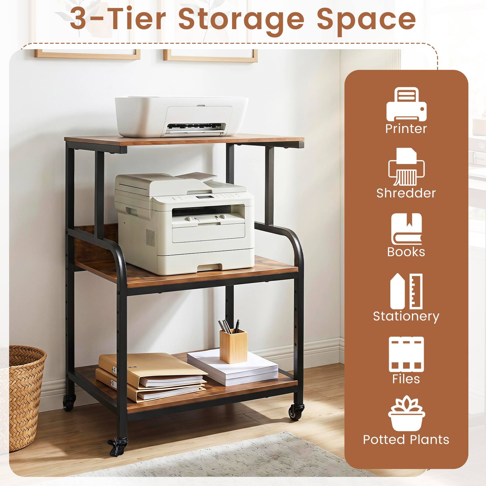 3-Tier Storage Space Printer Shredder Books Stationery Files Potted Plants