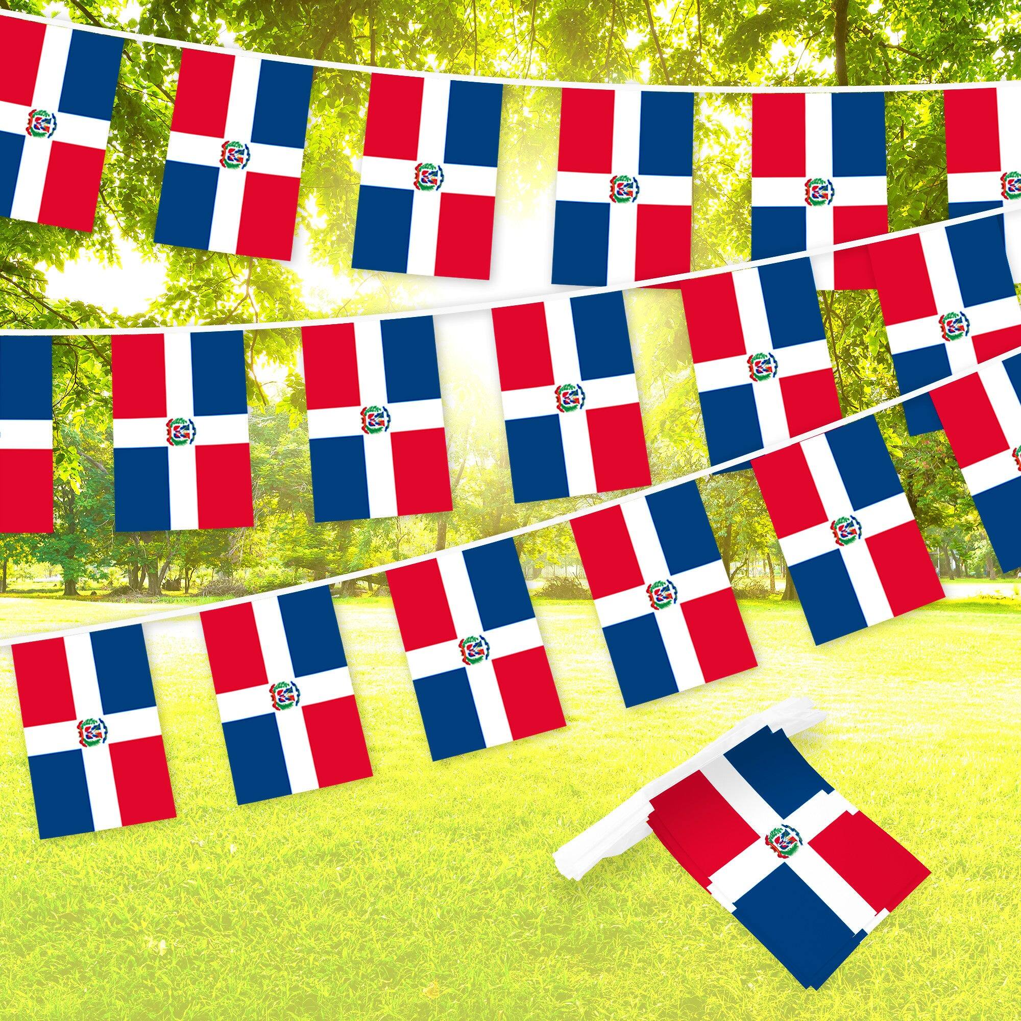 G128 - Dominican Republic Bunting Banner, 33 ft String with 38 Mini Flags (8.2 x 5.5 in) - Assorted Colors