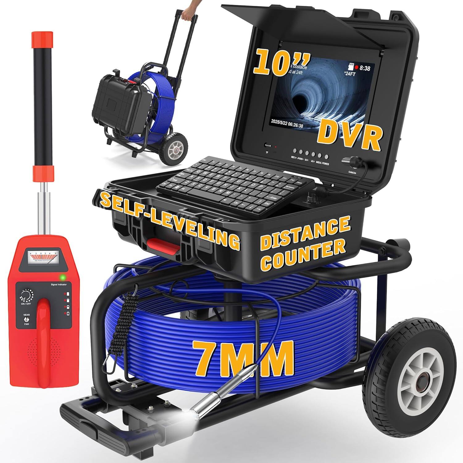 Front. Aukfa - Sewer Camera with Locator - 10" HD Borescope, Self-Leveling, IP68, 200Ft 7MM Cable, DVR, 5X Zoom.