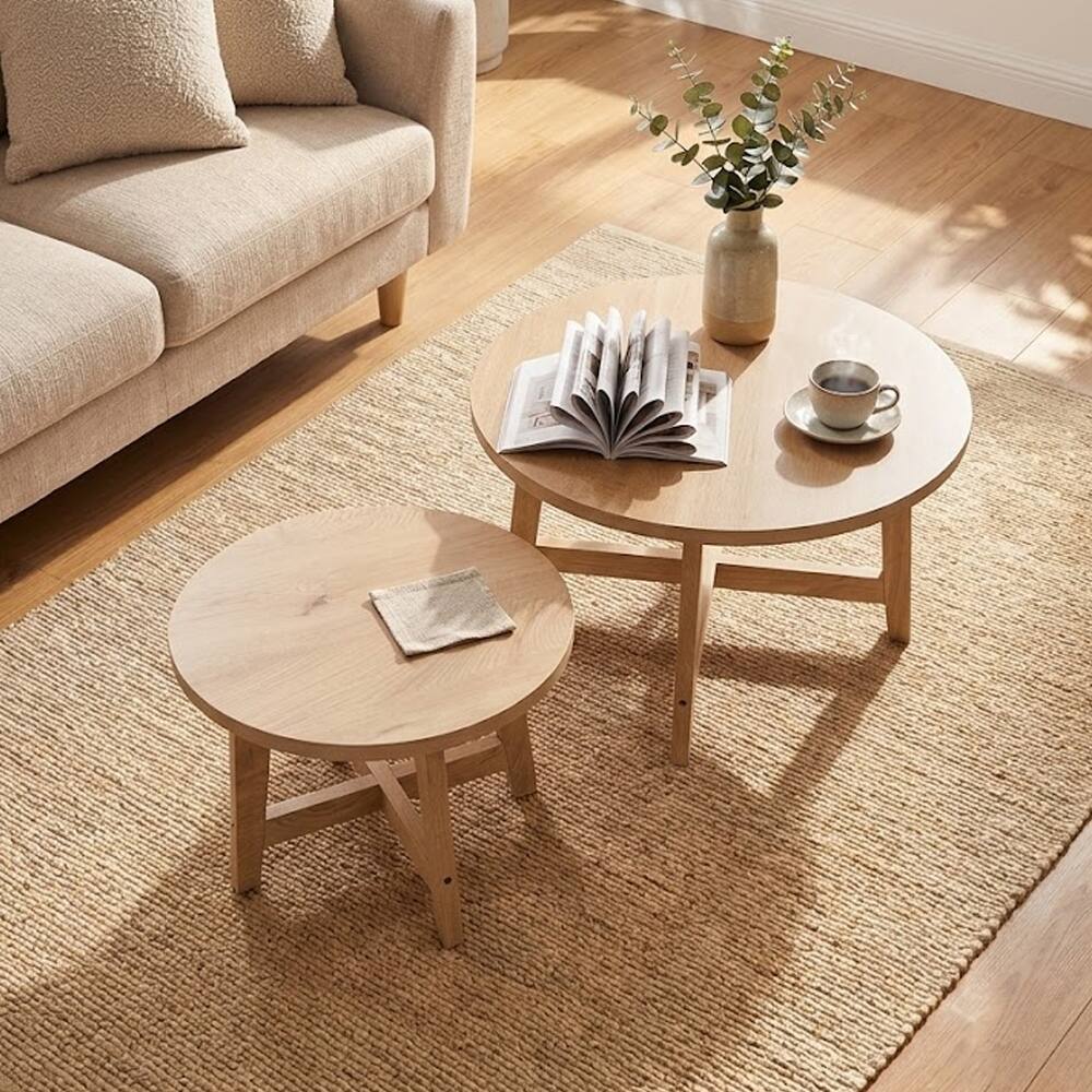 Angle. Loheer - Loheer Set of 2 Round Nesting Coffee Tables Natural Wood Finish Stackable End Tables X-Shaped Frame Modern Side Tables - Natural Wood.