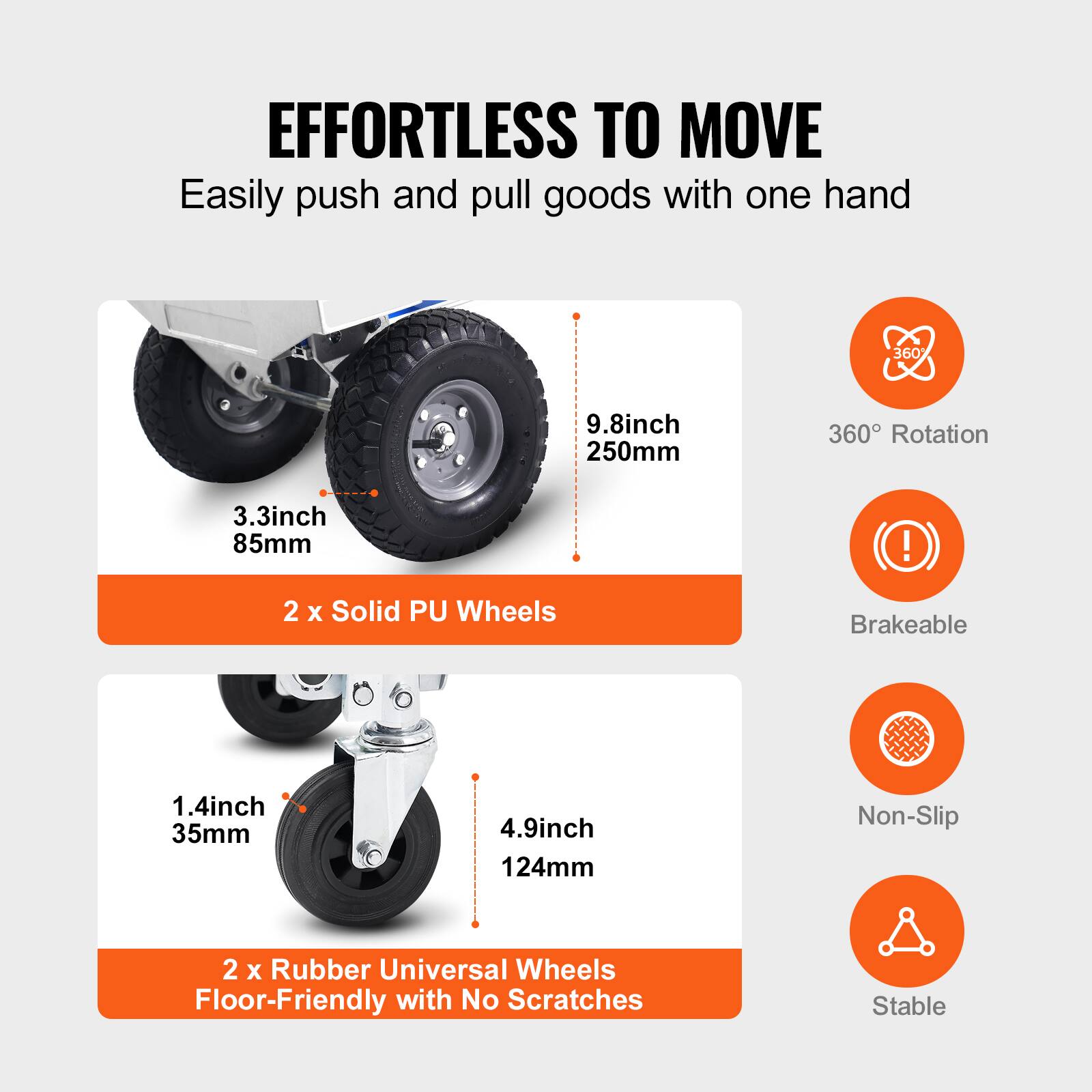 EFFORTLESS TO MOVE  
Easily push and pull goods with one hand  

- 3.3 inch / 85mm  
- 9.8 inch / 250mm  
- 2 x Solid PU Wheels  
- 360° Rotation  
- Brakeable  

- 1.4 inch / 35mm  
- 4.9 inch / 124mm  
- 2 x Rubber Universal Wheels  
- Floor-Friendly with No Scratches  
- Non-Slip  
- Stable