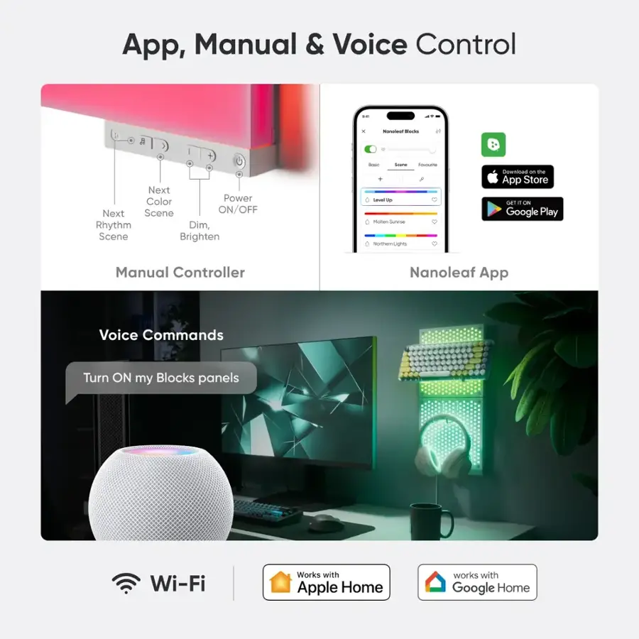 App, Manual & Voice Control - Manual Controller - Nanoleaf App - Voice Commands - Turn ON my Blocks panels - Wi-Fi - Works with Apple Home - Works with Google Home.