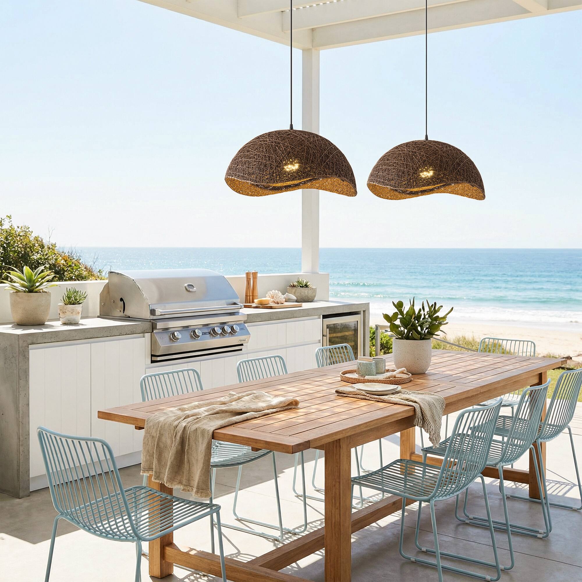 Alt View 1. Vaczon - Bird’s Nest Rattan Pendant Light Wavy Edge Woven Design, Adjustable Cord, Contemporary Pendant Lighting for Any Room - Dark Brown.