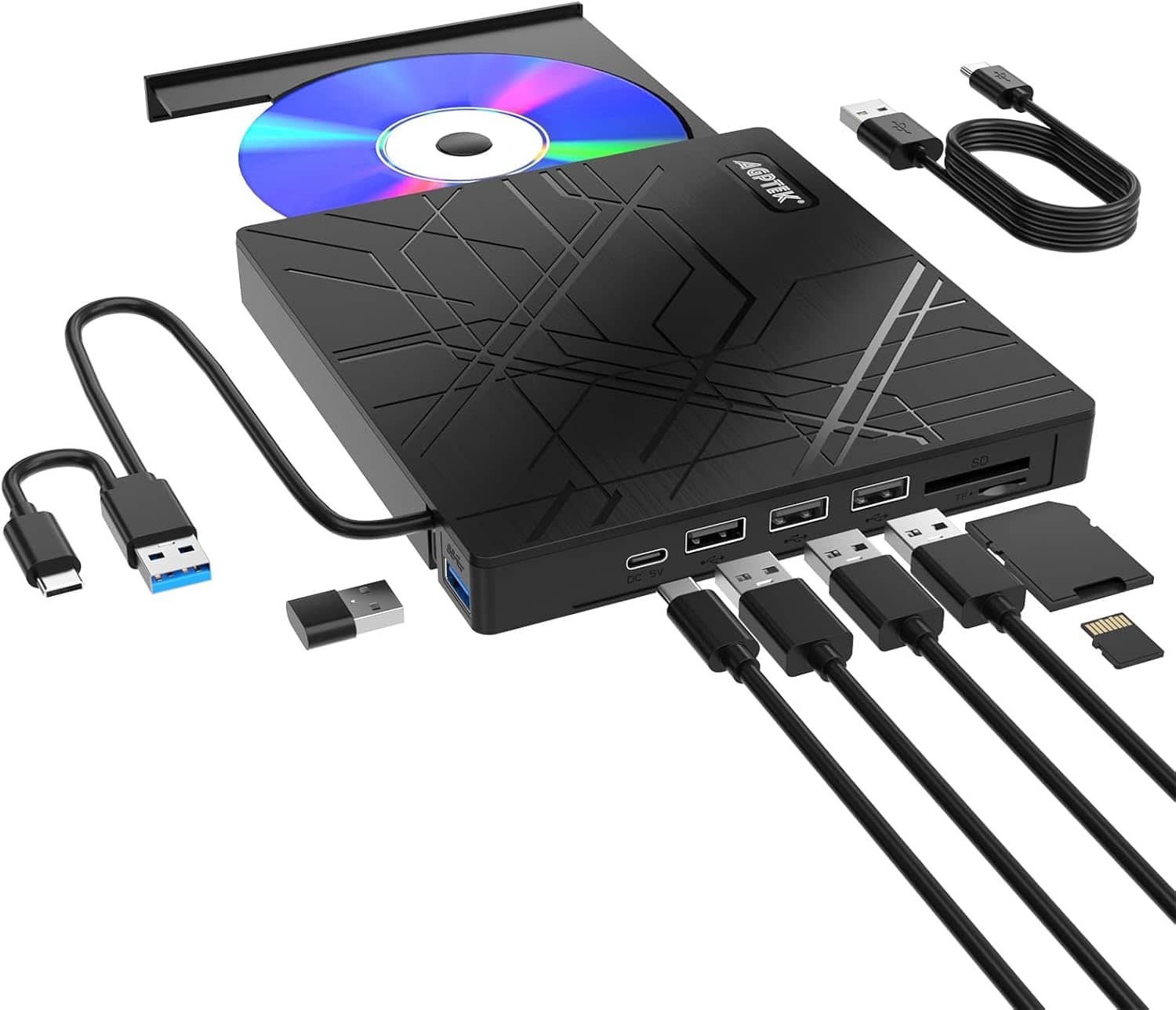 Front. AGPtek - 8 in 1 External CD/DVD Drive for Laptop, Portable CD Burner with 4 USB Ports - Black.
