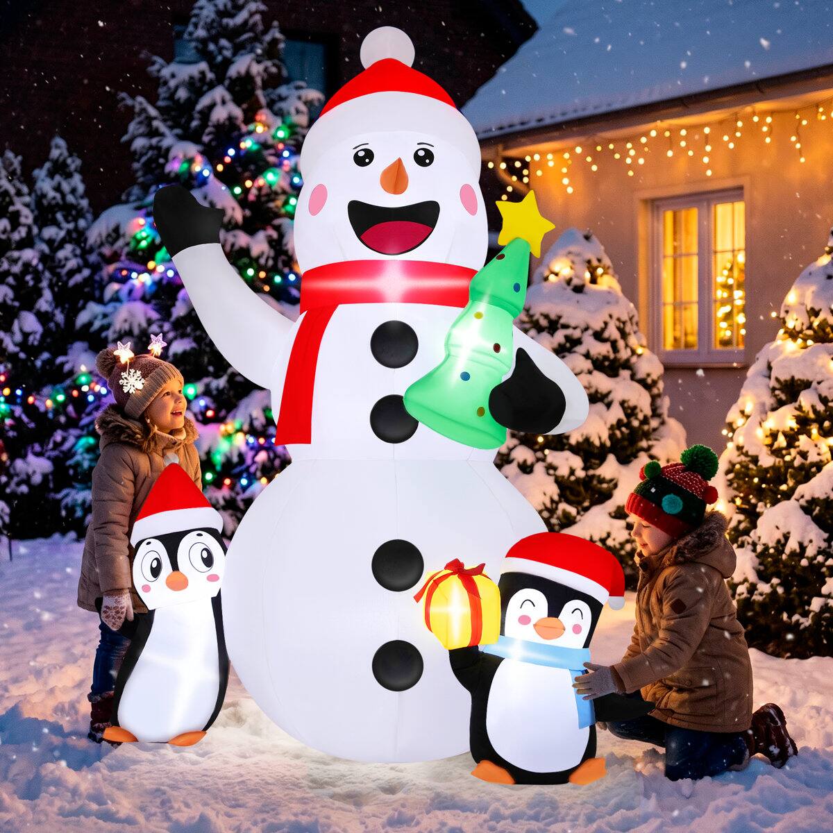 Left. Wisairt - 6FT Christmas Inflatable Snowman and Penguin Outdoor Yard Decoration with Built-in LED lihgts, 10s Fast Blow-up - Green|White|Red.