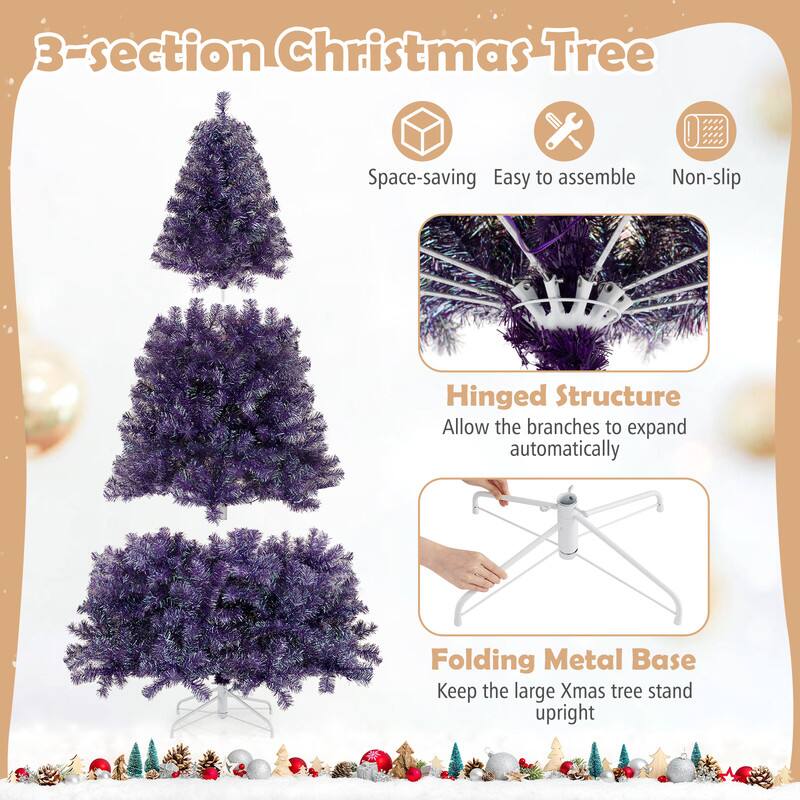 3-section Christmas Tree

Space-saving
Easy to assemble
Non-slip

Hinged Structure
Allow the branches to expand automatically

Folding Metal Base
Keep the large Xmas tree stand upright
