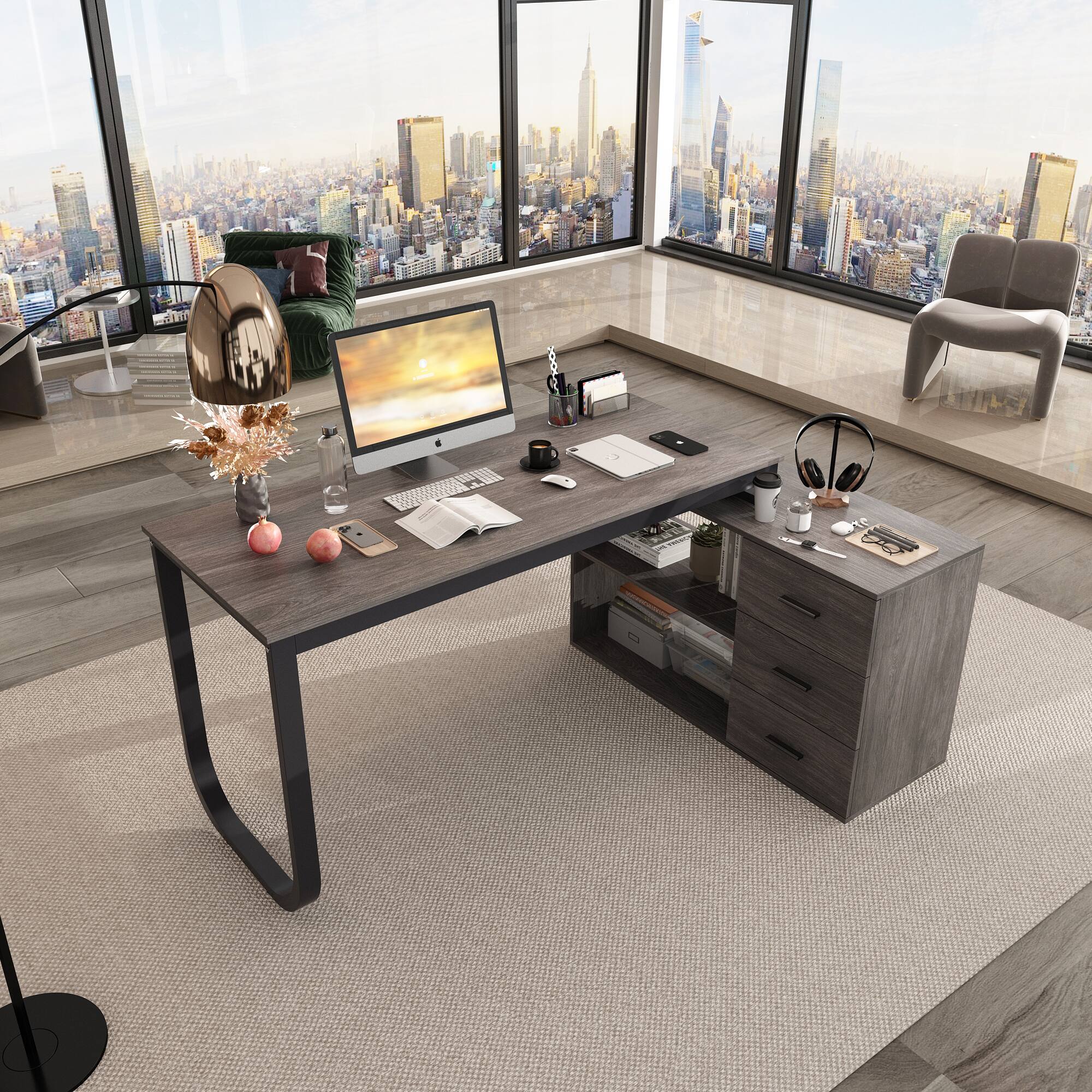 Alt View 10. FUFU & GAGA - FUFU&GAGA L - Shaped Office Desk with Storage - Modern Workstation for Home & Office - Gray.