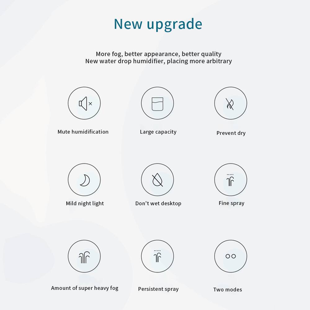 New upgrade

More fog, better appearance, better quality  
New water drop humidifier, placing more arbitrary

- Mute humidification
- Large capacity
- Prevent dry
- Mild night light
- Don't wet desktop
- Fine spray
- Amount of super heavy fog
- Persistent spray
- Two modes