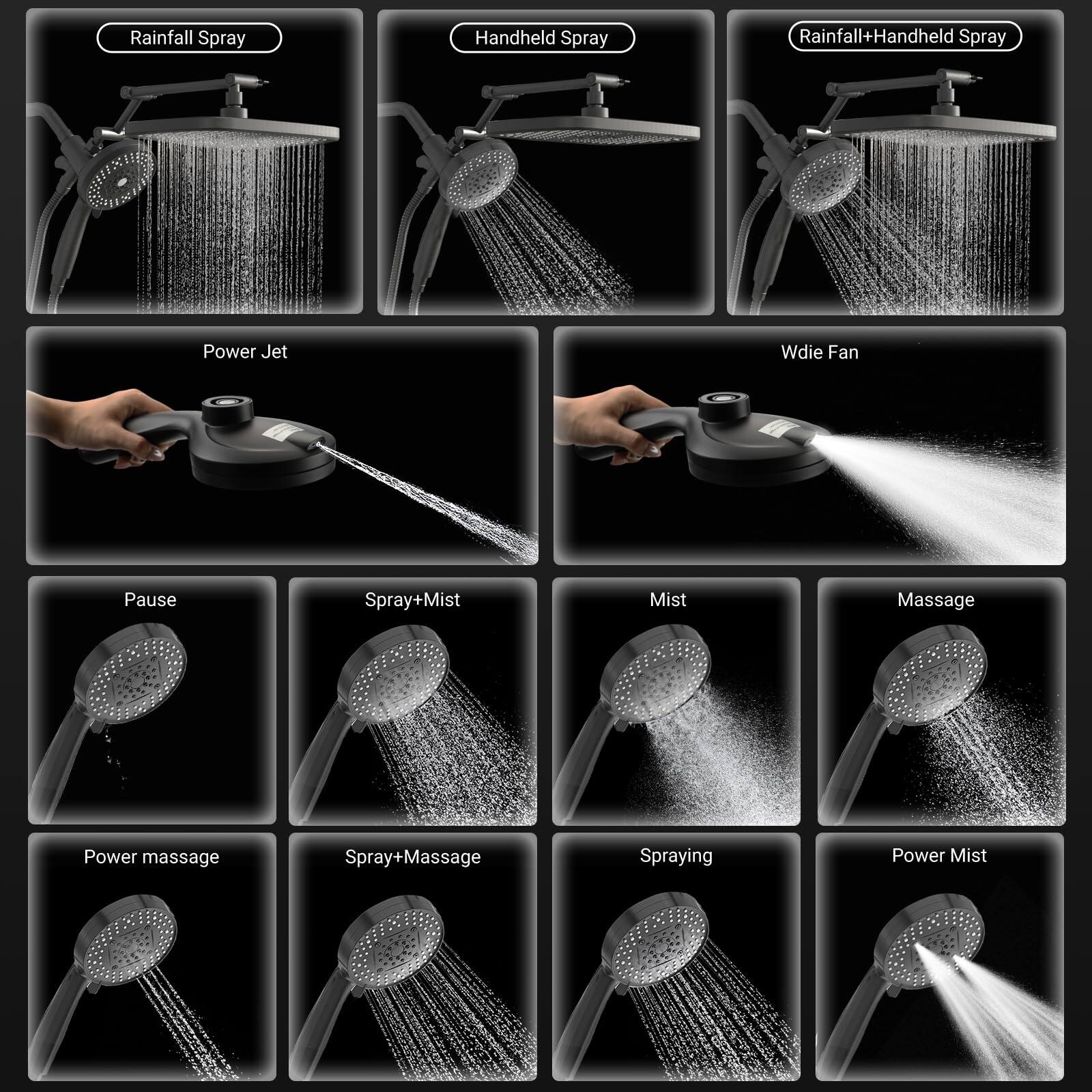 Rainfall Spray  
Handheld Spray  
Rainfall+Handheld Spray  
Power Jet  
Wide Fan  
Pause  
Spray+Mist  
Mist  
Massage  
Power massage  
Spray+Massage  
Spraying  
Power Mist