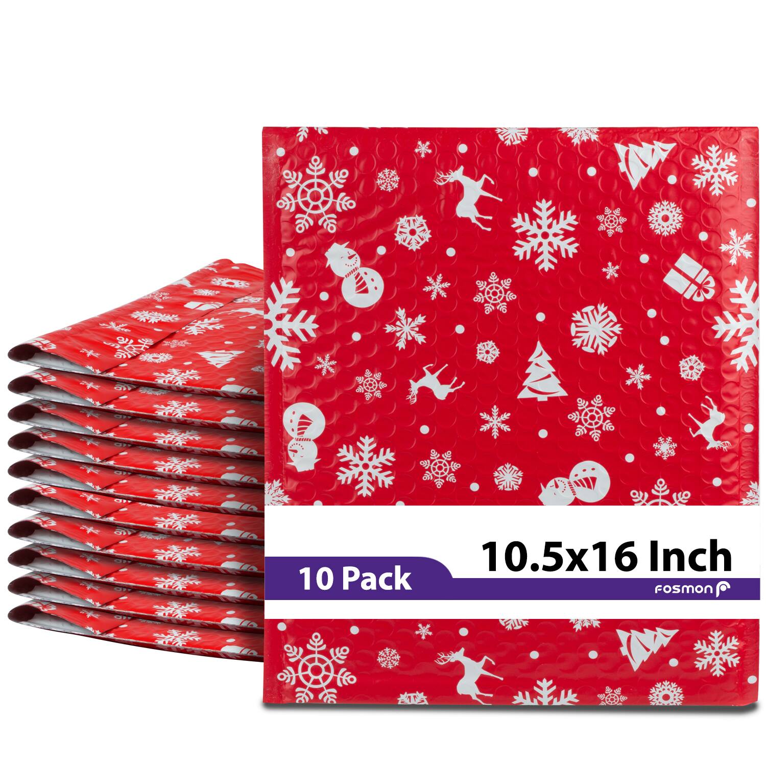 Fosmon - 10.5 x 16 - 10 Pack #5 Christmas Holiday Poly Bubble Mailer Gift Wrap, Padded Shipping Envelopes, 10.5 x 15" Usable Size - Multi
