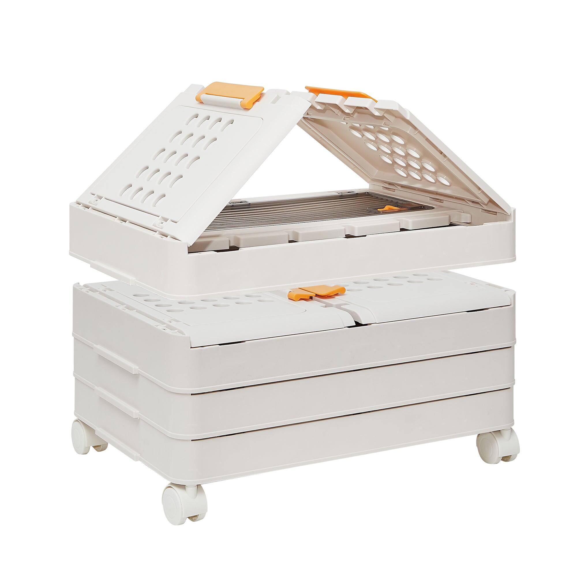 Left. Vecelo - Stackable Storage Bins - 3-Tier Collapsible Organizer with Wheels & Doors, Large Plastic Storage Bins with Lids - Beige.