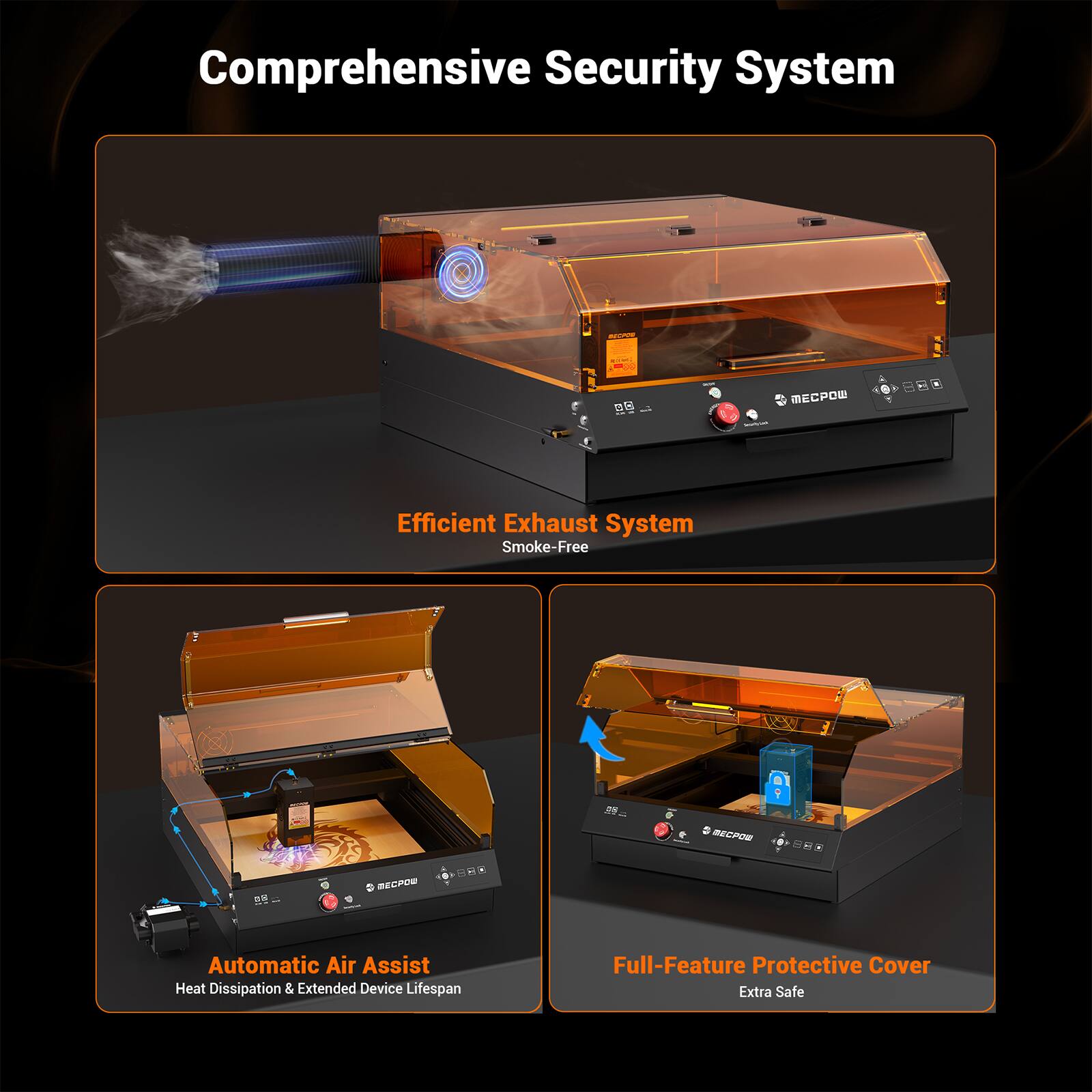 Comprehensive Security System

Efficient Exhaust System
Smoke-Free

Automatic Air Assist
Heat Dissipation & Extended Device Lifespan

Full-Feature Protective Cover
Extra Safe