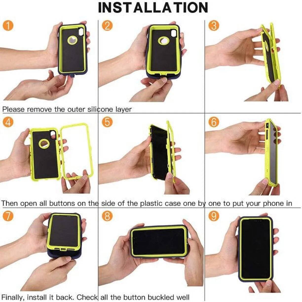 1. INSTALLATION
2. Please remove the outer silicone layer
3. Then open all buttons on the side of the plastic case one by one to put your phone in
4. Finally, install it back. Check all the button buckled well