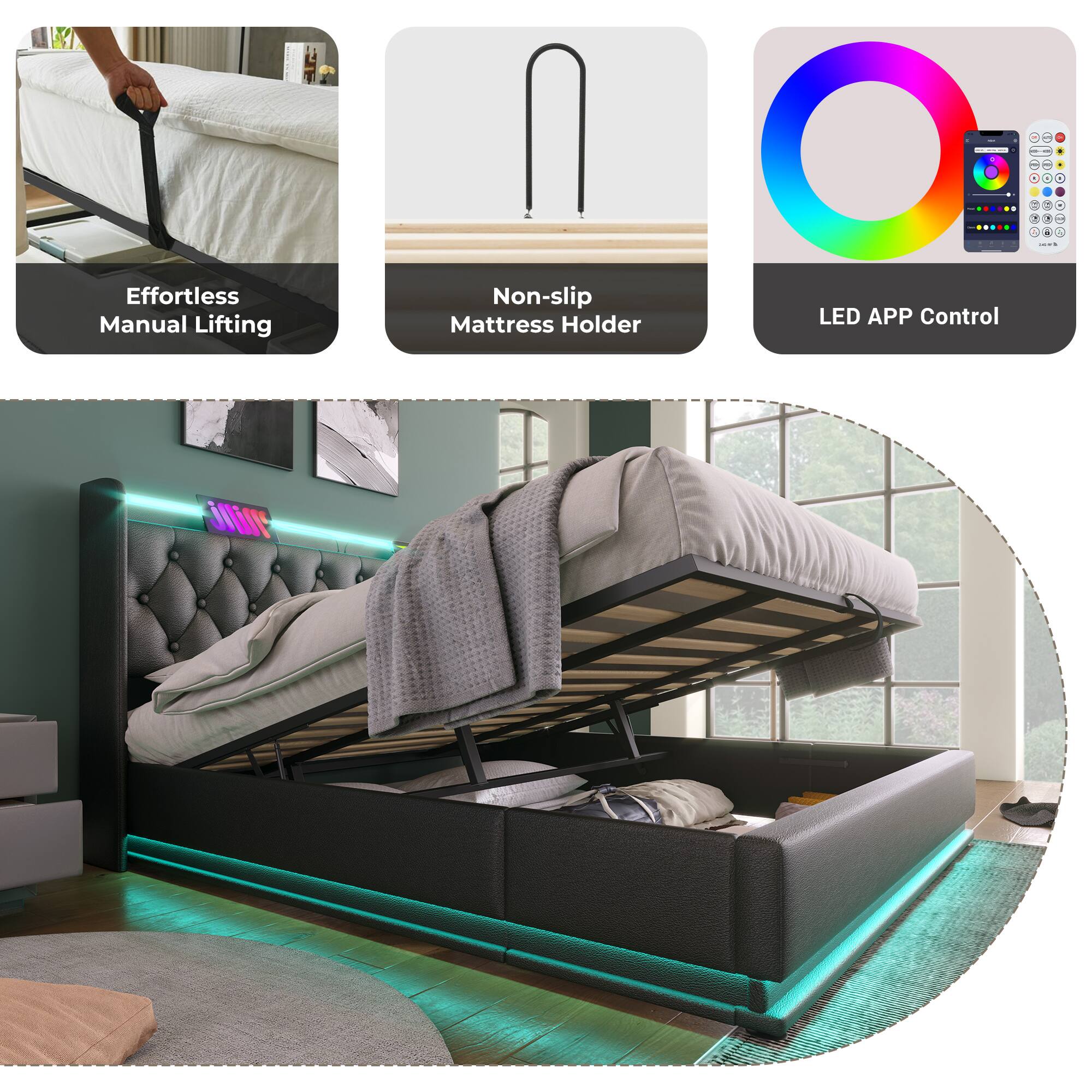 Effortless Manual Lifting  
Non-slip Mattress Holder  
LED APP Control