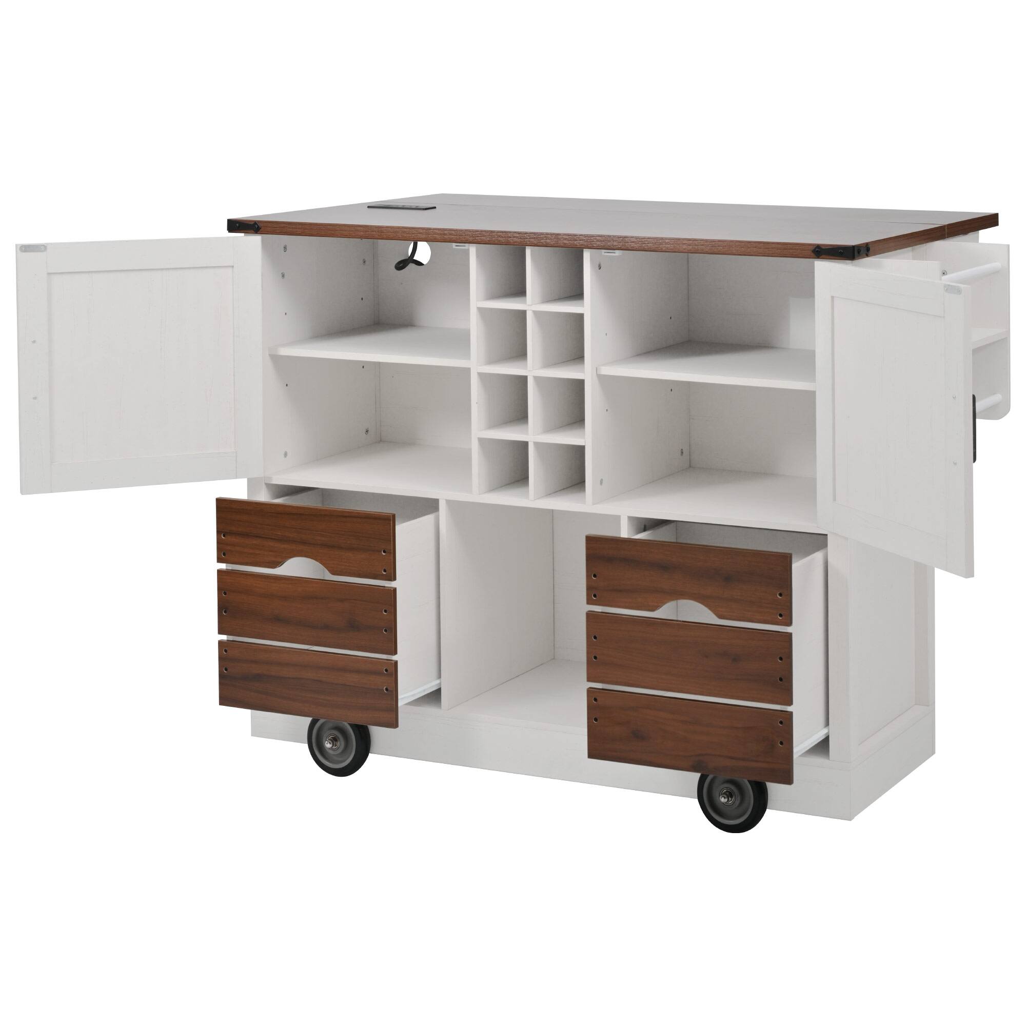 Alt View 5. PexFix - 54" Farmhouse Kitchen Island Cart with Built-in Power Outlet, Drop Leaf and Abundant Storage - White.