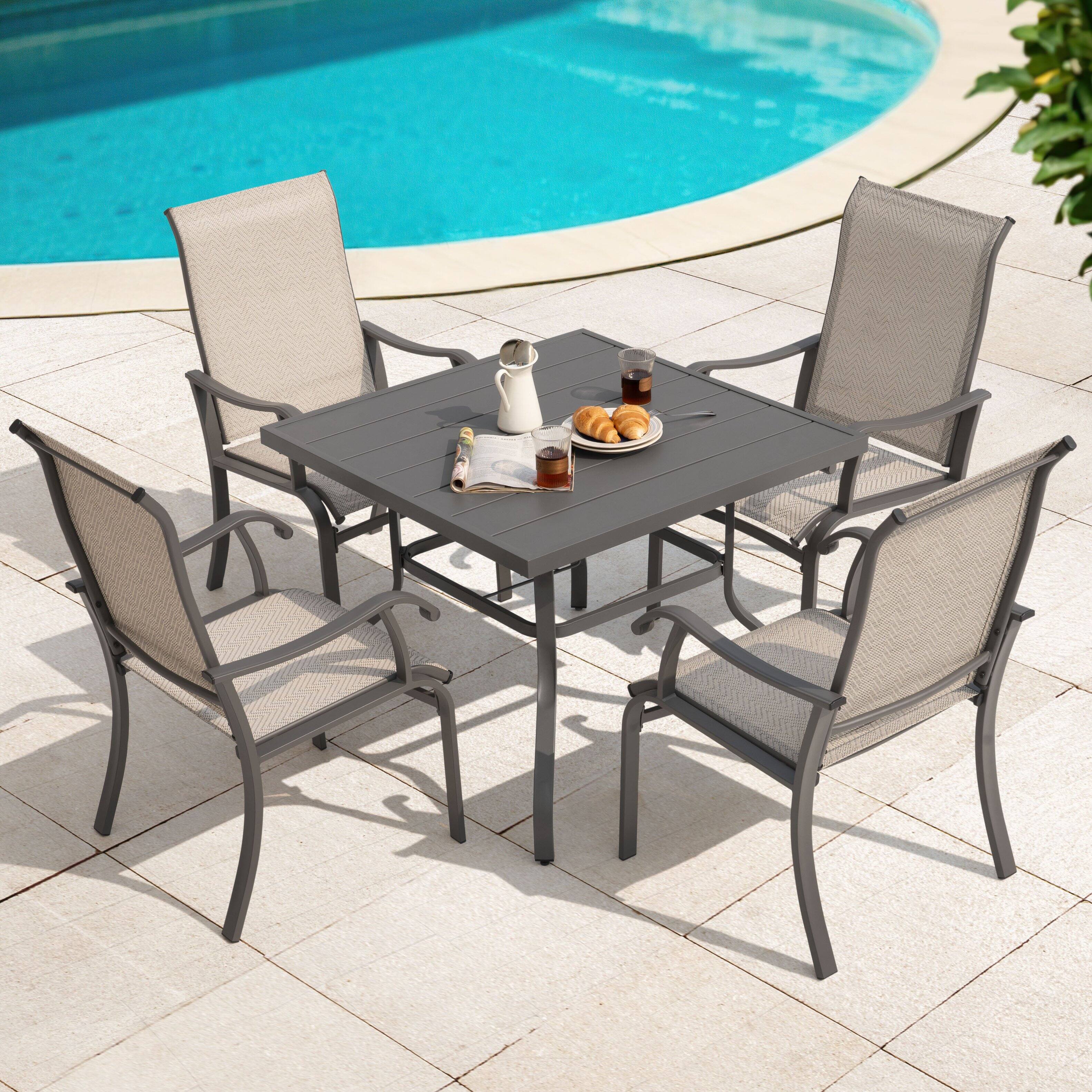 Alt View 7. Nuu Garden - Patio Metal Textilene Dining Set of 5 with Umbrella Hole and High Backrest - Beige and Gray.
