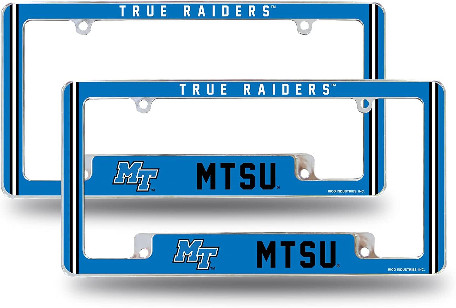 Middle Tennessee State NCAA Blue Raiders (Set of 2) Chrome Metal License Plate Frames with Bold Full Frame Design
