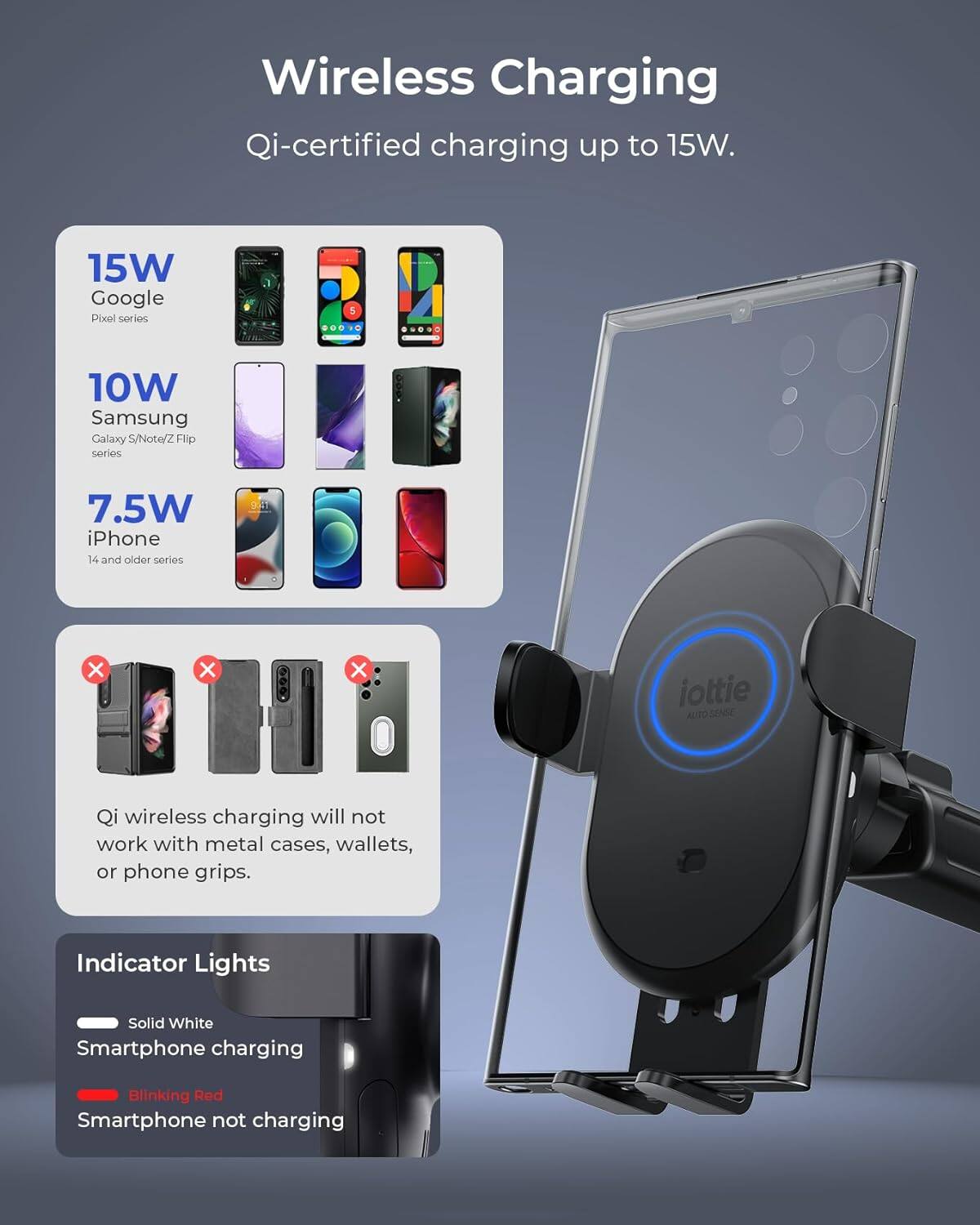 Wireless Charging: Qi-certified charging up to 15W. 15W Google Pixel series, 10W Samsung Galaxy S/Note/Z Flip series, 7.5W iPhone 14 and older series, 9W iPhone 12/13 series, Xiaomi Mi 11 series. Qi wireless charging will not work with metal cases, wallets, or phone grips. Indicator Lights: Solid White - Smartphone charging, Blinking Red - Smartphone not charging.