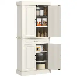 PULUZ - 71 inch Freestanding Kitchen Pantry with 4 Doors and 2 Large Cabinets, Tall Storage Cabinet with Drawer - Distressed White
