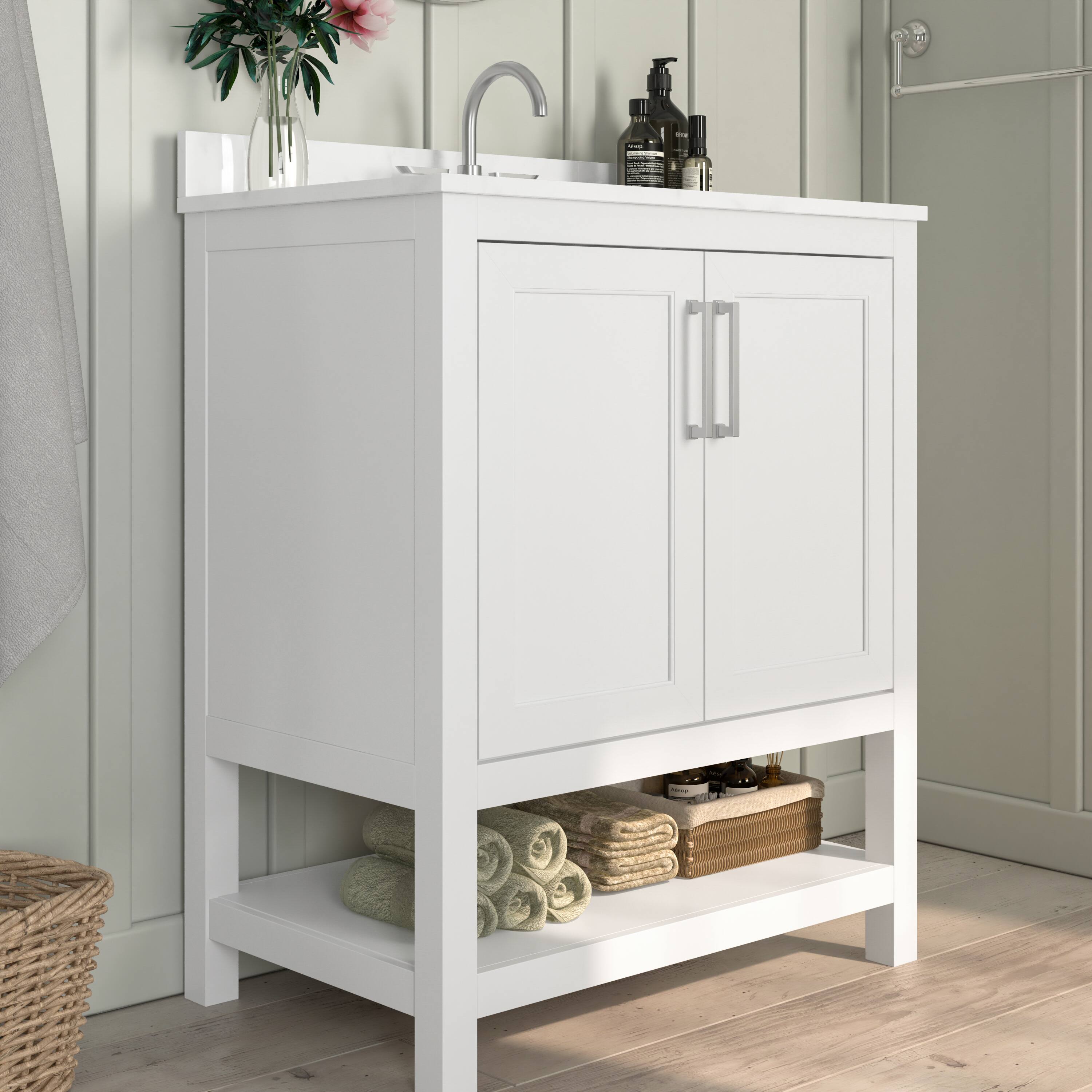 Alt View 3. Emma + Oliver - Vesta Bathroom Vanity, Single Sink Cabinet with 2 Soft Close Doors and Open Shelf, Carrara Marble Finish Countertop - White.