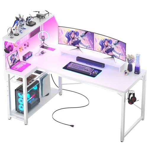 Front. Hirose Alice - Small Gaming Desk With Power Outlets Pegboard Led Light L Shaped Computer Monitor Stand Storage Shelves - White-43 inch.