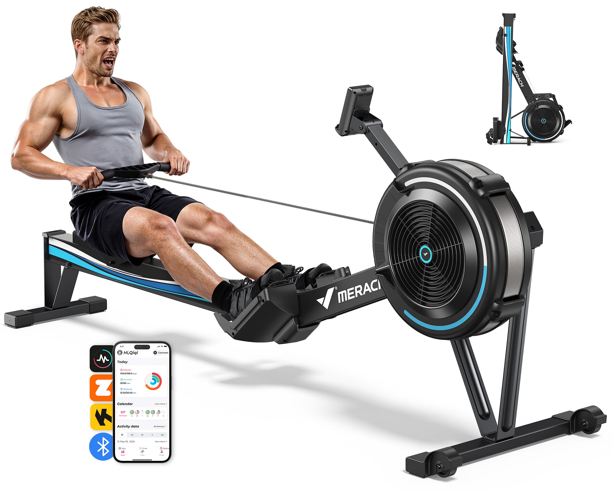 MERACH - R50 Air Rowing Machine, Air Resistance & Magnetic, Ergonomic Seat, 350LBS, Performance Monitor, Device Holder - Black