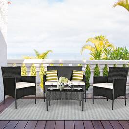 Costway - 4PCS Patio Rattan Seating Set Cushioned Sofa Coffee Table Backyard Porch - White