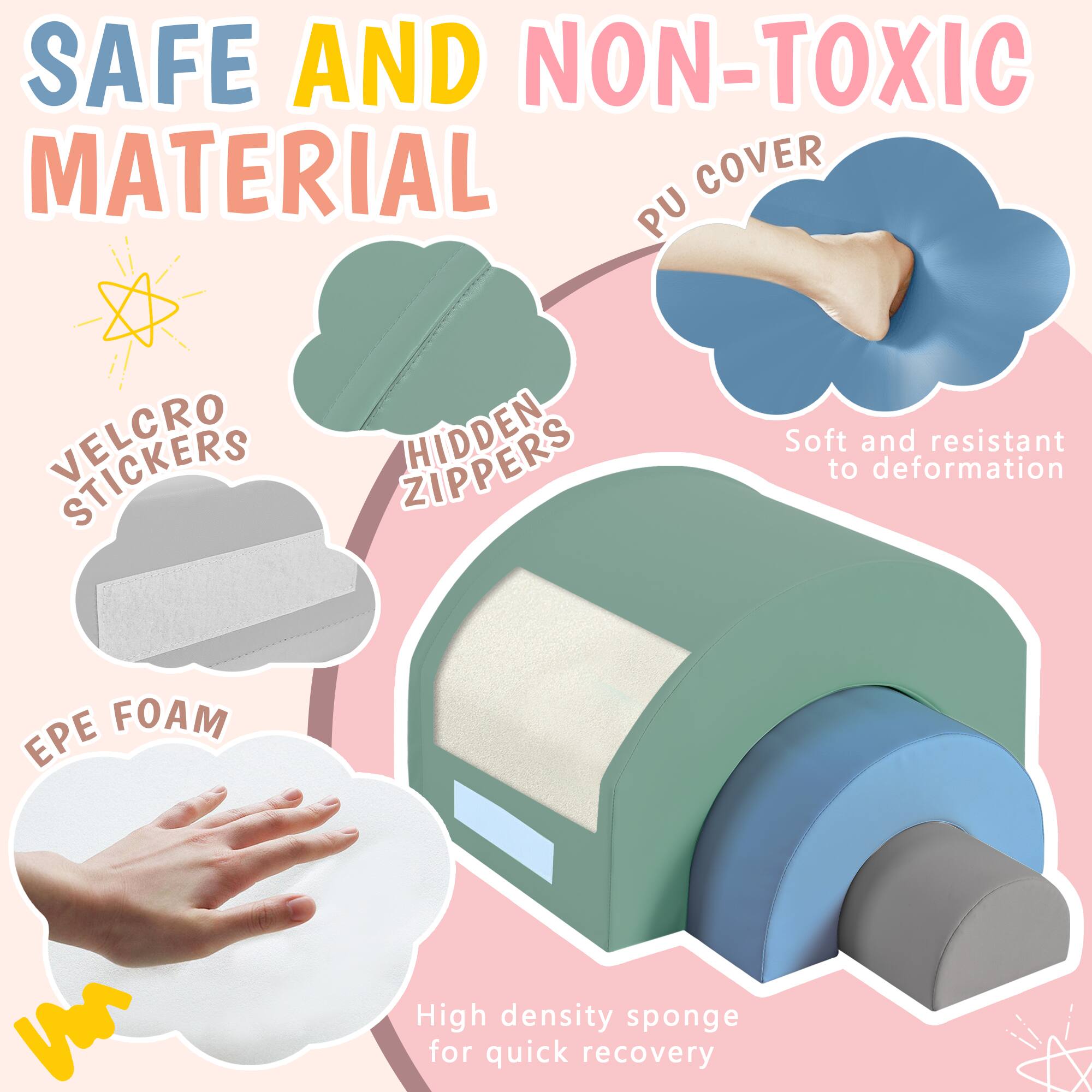 SAFE AND NON-TOXIC MATERIAL

- VELCRO STICKERS
- HIDDEN ZIPPER
- PU COVER
- EPE FOAM

Soft and resistant to deformation

High density sponge for quick recovery