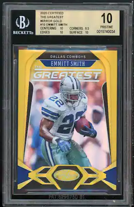 2020 CERTIFIED THE GREATEST MIRROR GOLD #10 EMMITT SMITH CENTERING 10 CORNERS 9.5 BECKETT EDGES 10 SURFACE 10 10 PRISTINE 0015740034 DALLAS COWBOYS EMMITT SMITH THE GREATEST 7 7 22 2 09/25 KOX Cartifiedt PA1.6295750 PAT. BY