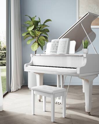 Front. Songmics Home - Piano Bench with Padded Cushion and Storage Compartment for Music Books, Vanity Stool, Tufted Wooden Piano Seat - White.